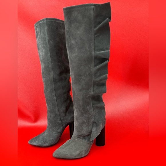IRO Cidravol gray suede ruffle trimmed knee boots size 37 - Picture 4 of 15